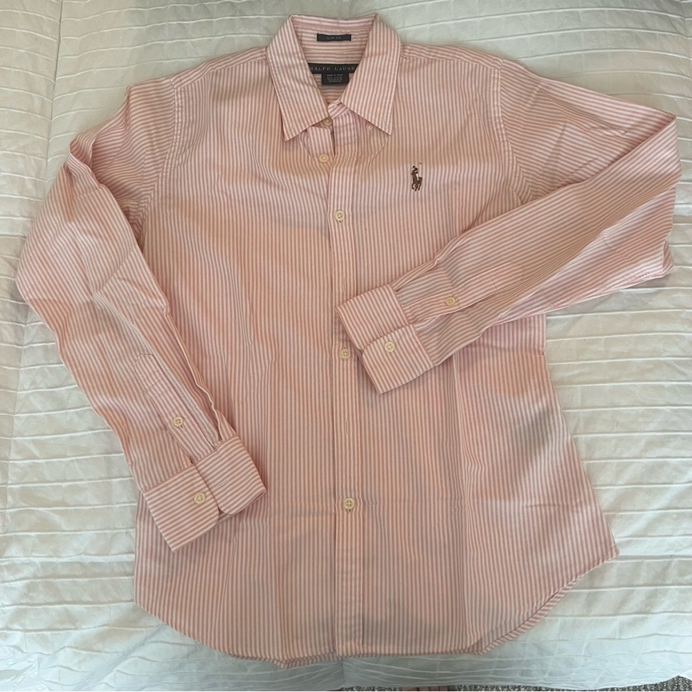 Ralph Lauren slim fit pink and white striped button down